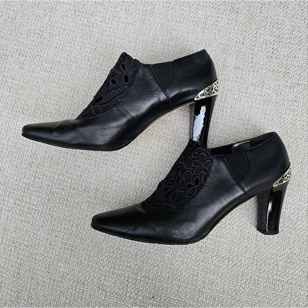 Brighton Black Leather Heeled Shoes with Lace Detail Silver Embellished 7.5 Med - Picture 11 of 11